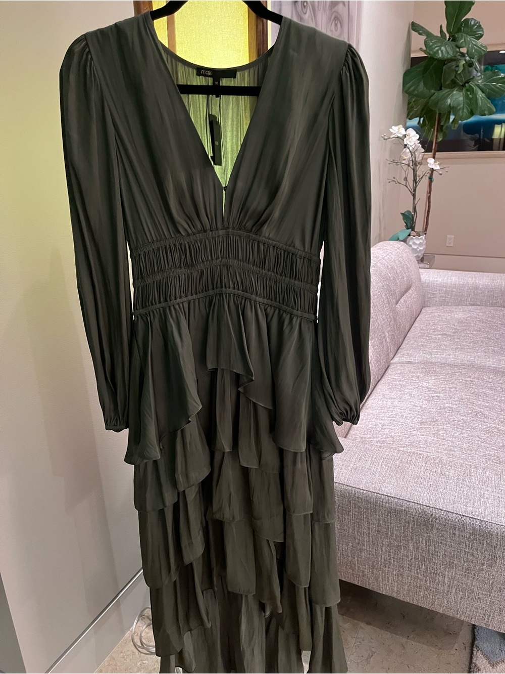 Maje Olive Green Long-Sleeve Tiered Ruffle Dress